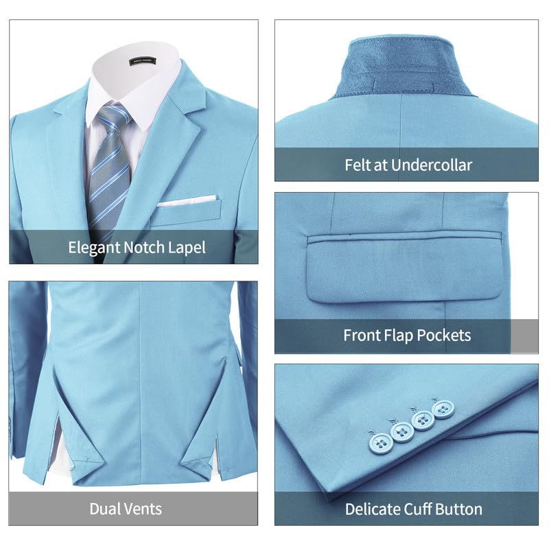 WEEN CHARM بدلات WEEN CHARM للرجال، مجموعة بدلة ضيقة مكونة من 3 قطع مع سترة ذات زرين، صدرية، بنطلون، توكسيدو لحفلات الزفاف، حفلات التخرج، الحفلات، الأعمال باللون الأزرق الفاتح - Image 5